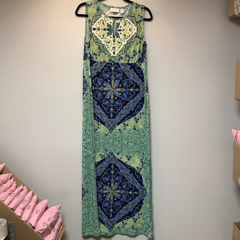 Chico's Maxi Dress Womens 1 Medium Green Blue Mandala Sleeveless Excellent Boho